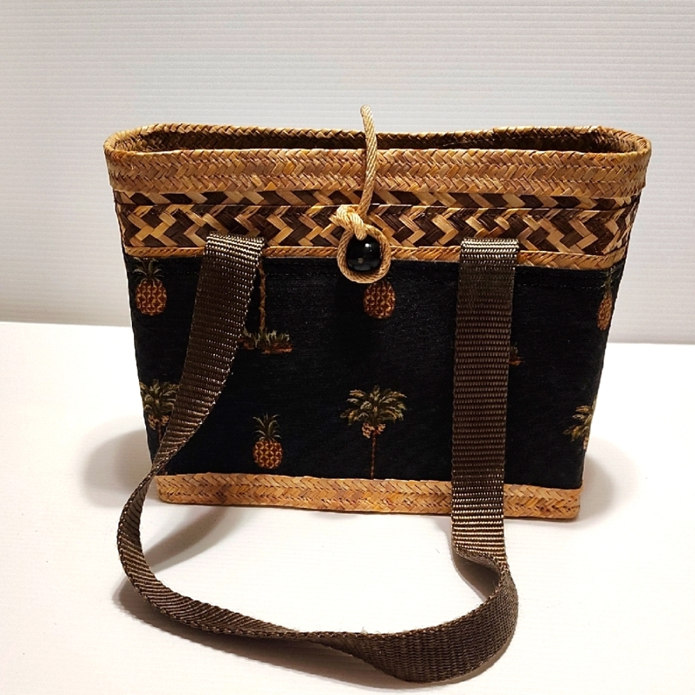 Unique Handmade Tropical Woven Handbag with Pineapple🍍 and Palm Tree🌴 Print